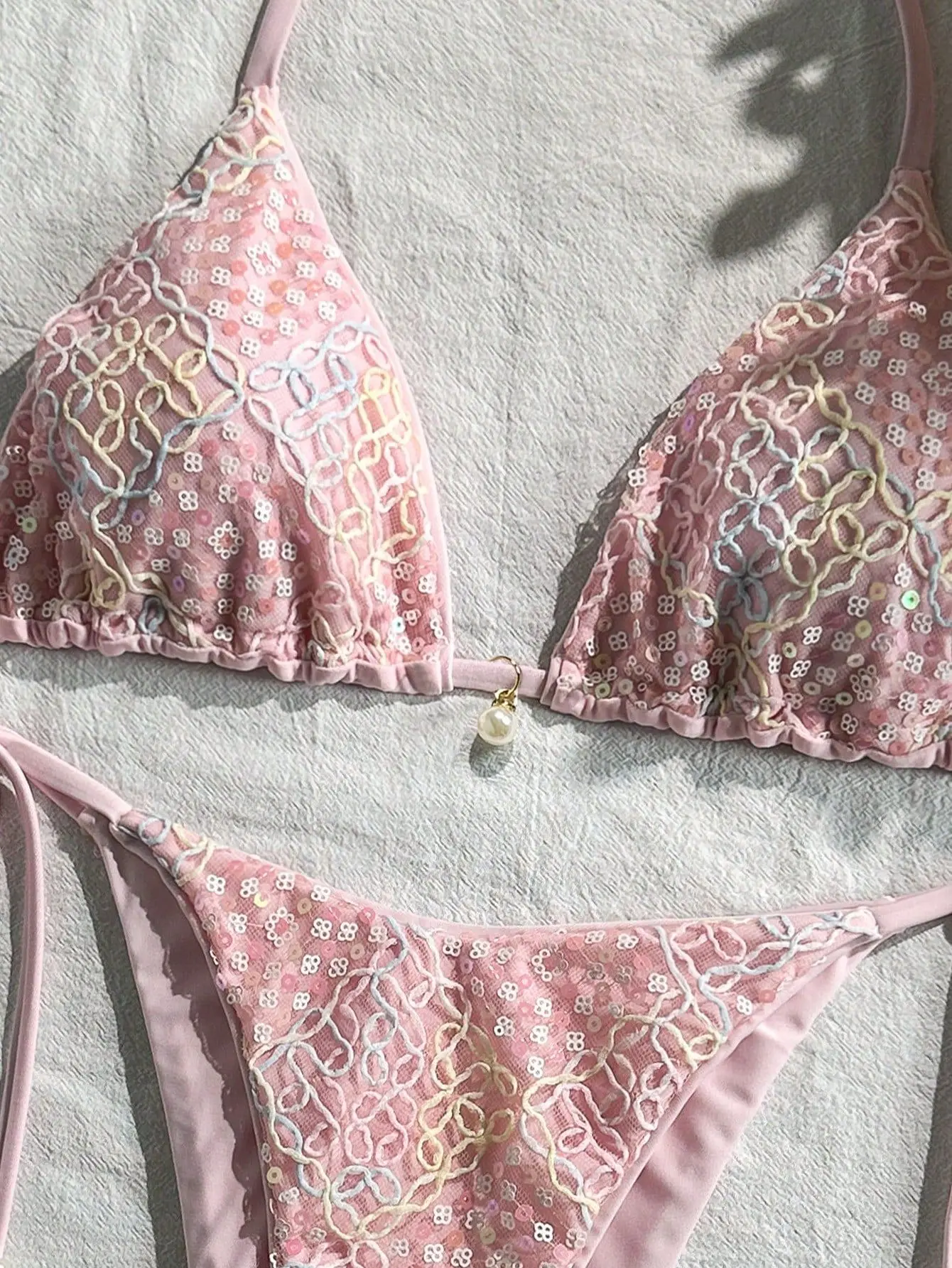 Pink Flower Emboss Solid Swimwears Halter String Triangle Bikini Micro Thong Sexy Swimsuit Women 2026 Bathing Suit Bikinis Sets view 4
