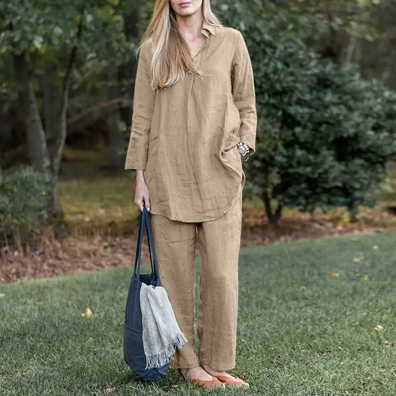 Shirt Wide Pant Sets Women Casual Two Piece Set Full Sleeve Turn Down Collar Top Pocket Long Pants Solid Office Lady Autumn