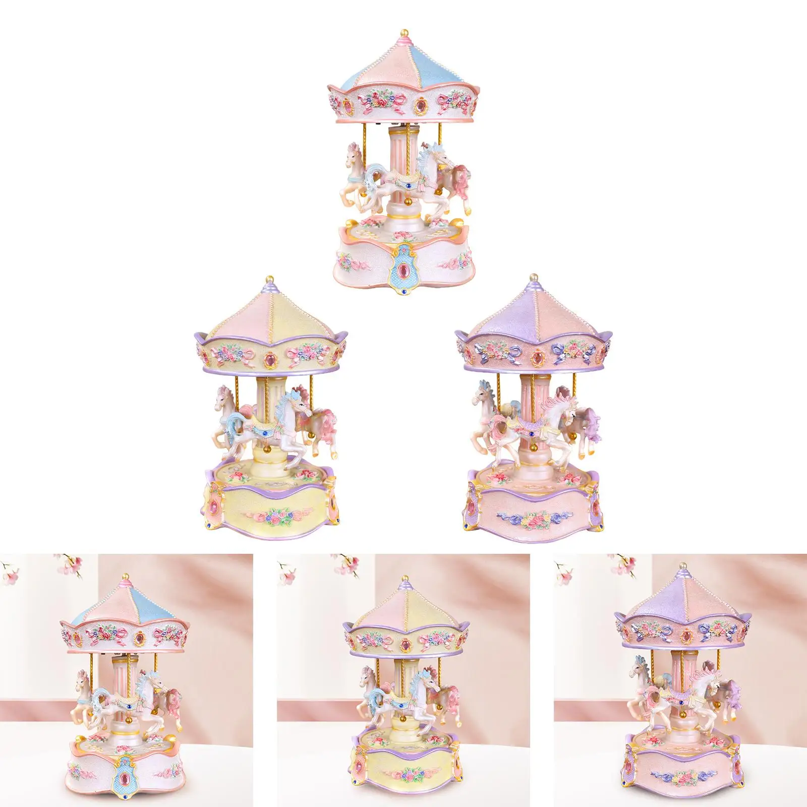 Musical Carousel Music Box Lovely Tabletop Resin Crafted Wind up Horse Musical Box Decor Rotation Crafts Birthday Present