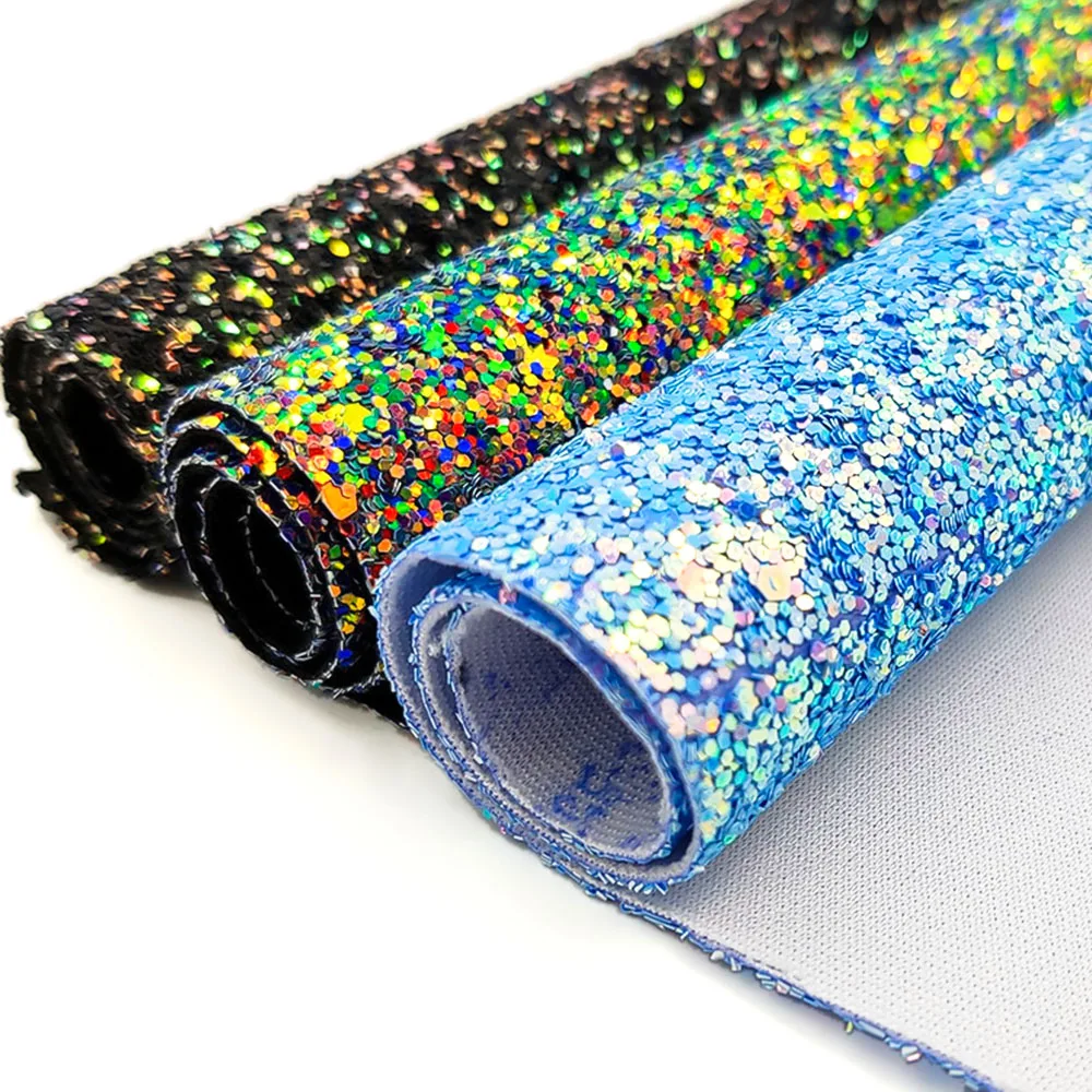 20*120CM Roll Ultra Chunky Sparkly Glitter PU Leather Sweing Fabric Hologram Iridescent Vinyl Hair Bow DIY Craft Material