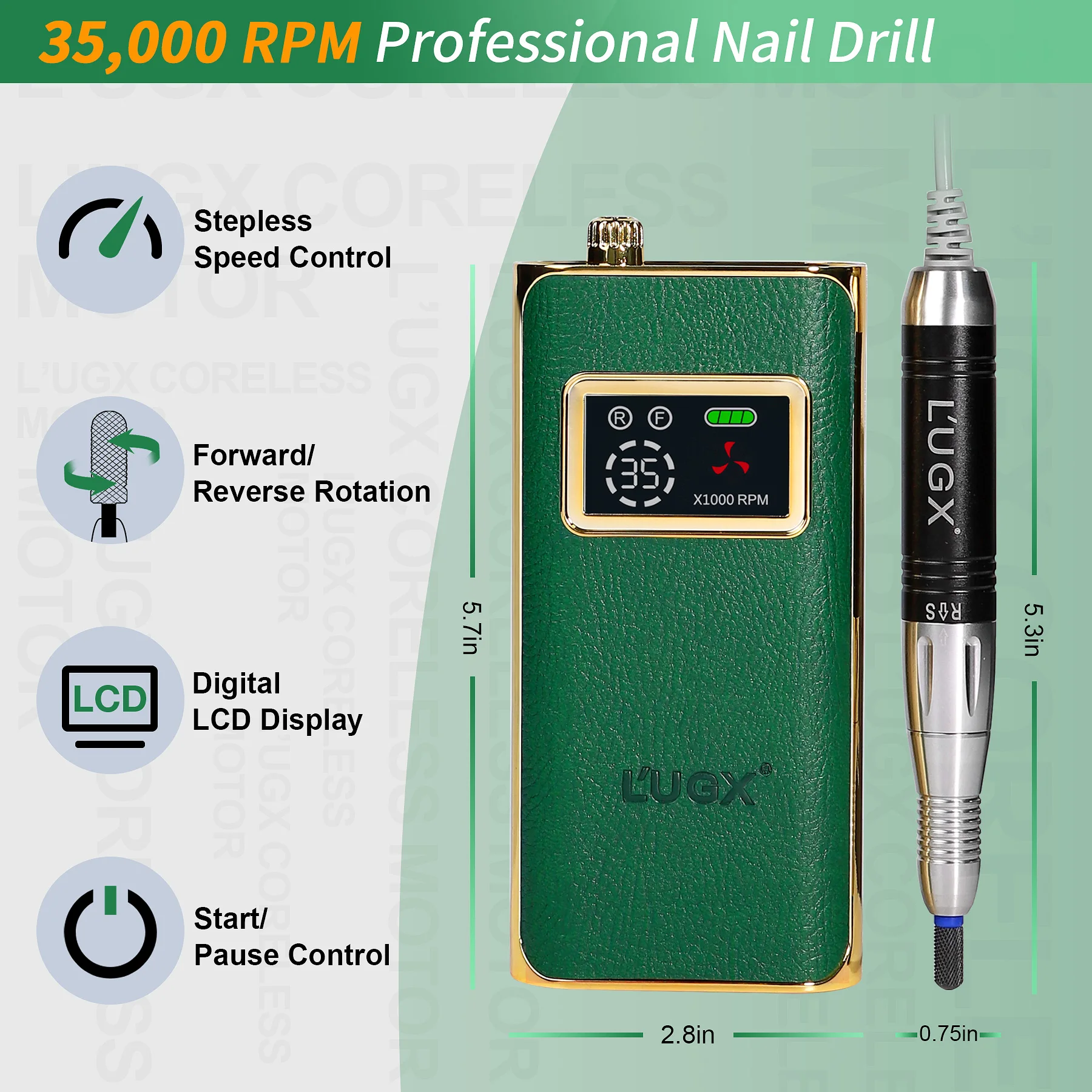 LUGX Professioneller Nagelbohrer, 35.000 U/min, Maniküre-Gel, Acryl, kabellos, wiederaufladbar, elektrisch, tragbar, Nagelbohrmaschine