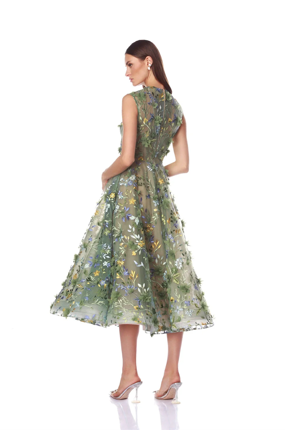 فستان كاثي مخصص باللون الأخضر برقبة دائرية ومطرز رائع للحفلات الراقصة بدون أكمام وسحاب خلفي من vestidos de noiva على شكل حرف a بطول الشاي Foraml 2025