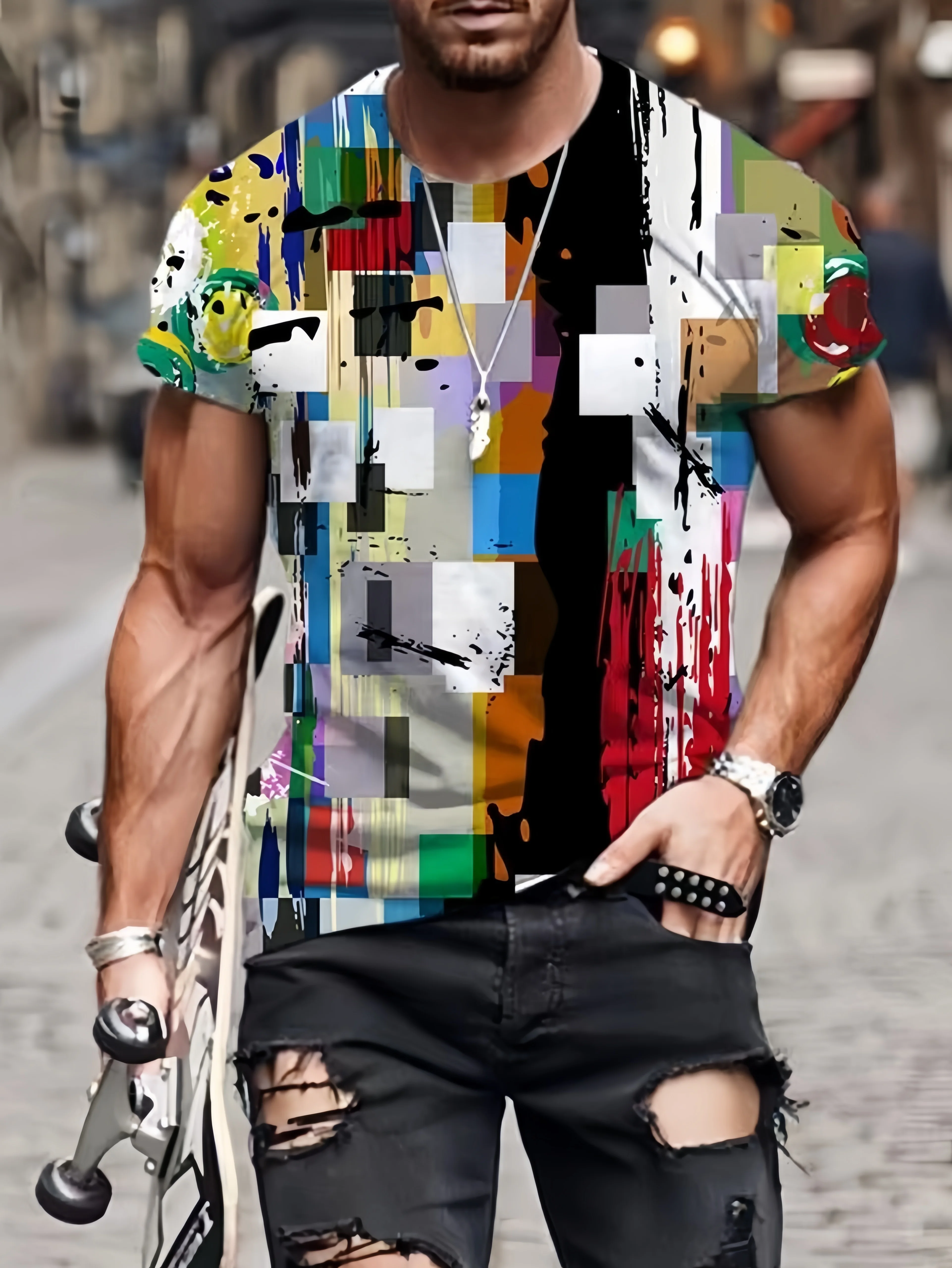 

Men's 3D Graphic T-Shirt - Piano Keys & Ocean Waves Design with Flying Birds , Casual Wear Tee | 3D Print Tshirt |