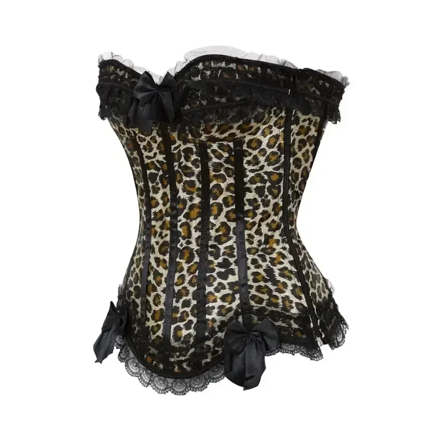 Leopard Sexy Satin Overbust Corset Top Lace Bowknot Decorated Clubwear Showgirl Body Shaper Plus Size