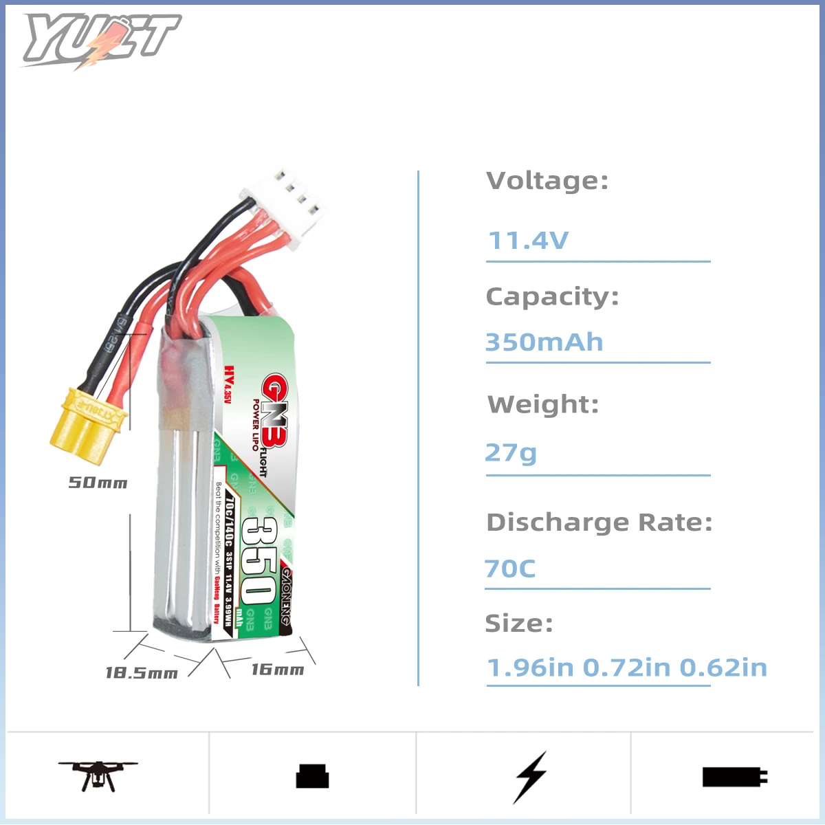 Akumulator YUCT GNB 3S LiPo 350mAh LiHV 7.6V XT30 70C/Max140C do dronów FPV, quadcopterów, Tiny Whoop i dronów wyścigowych
