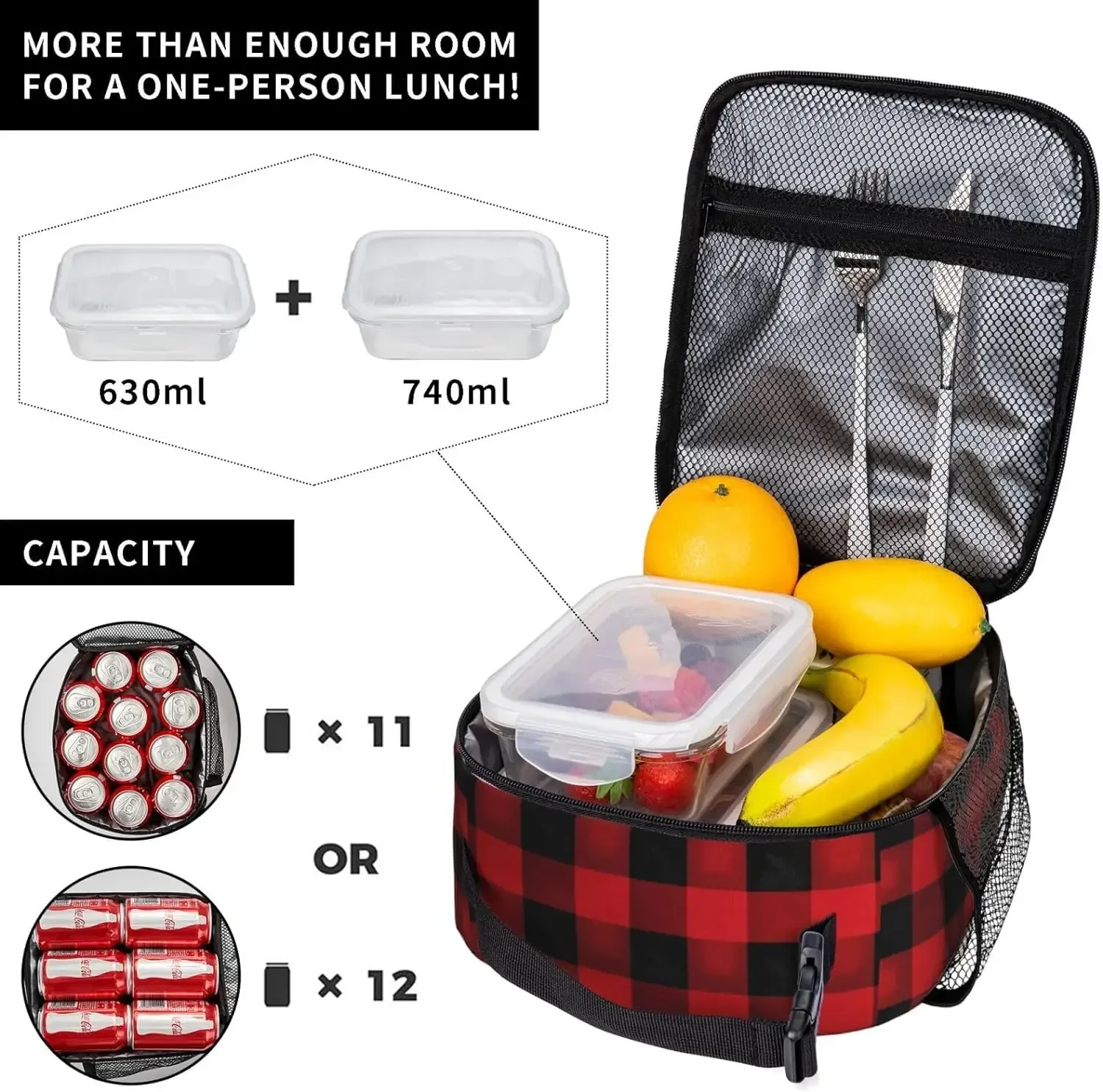 Red Black Buffalo Check Plaid Pattern Lunch Bag For Women Men Insulated Reusable Lunch Box Cooler Totes For Work Office Picnic