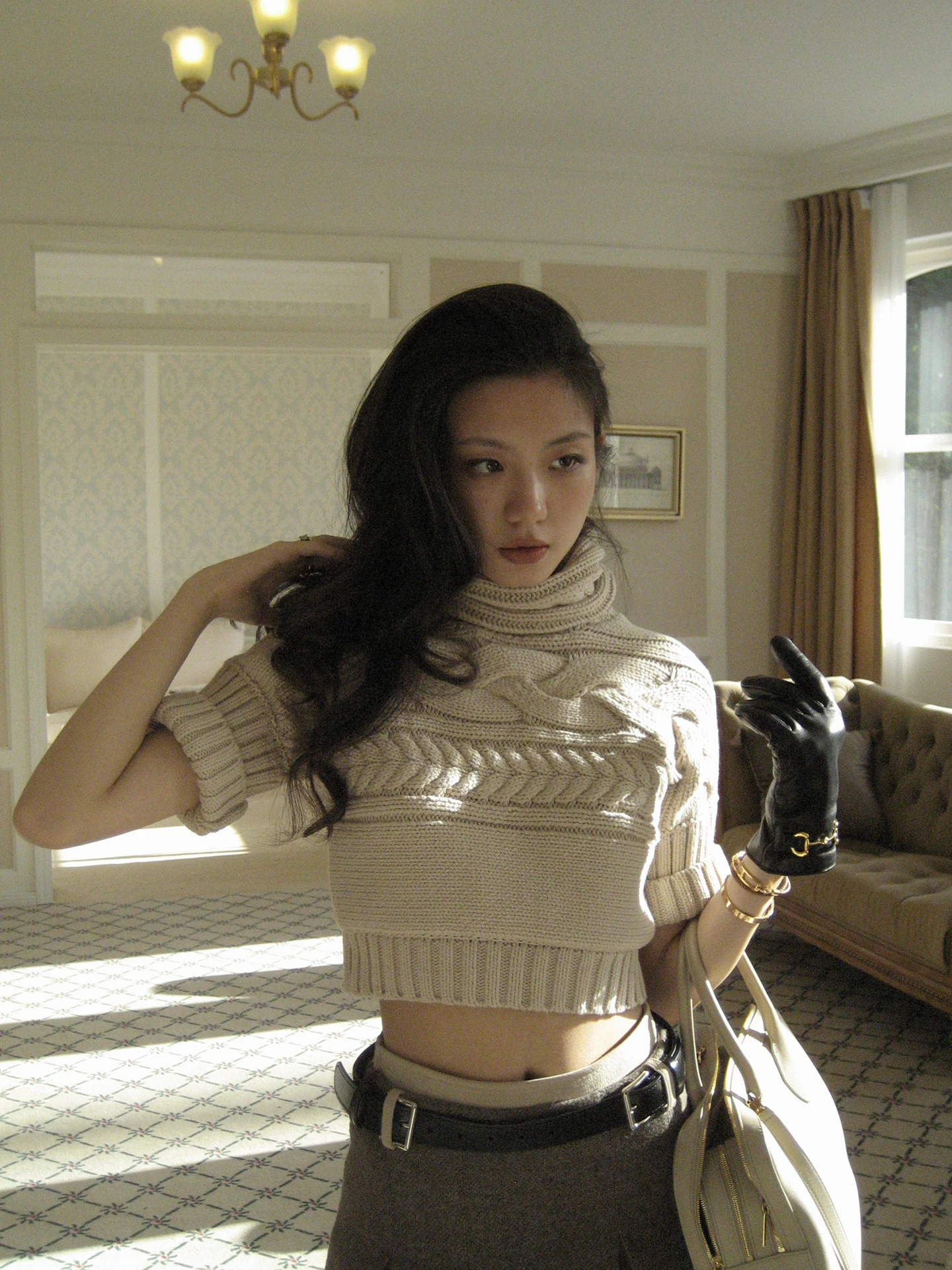 

Red Nail Knitted ort round Ne Sweater Women's Casual Sle Cotton Blend Pure Color Five Sve Length Chinese Made