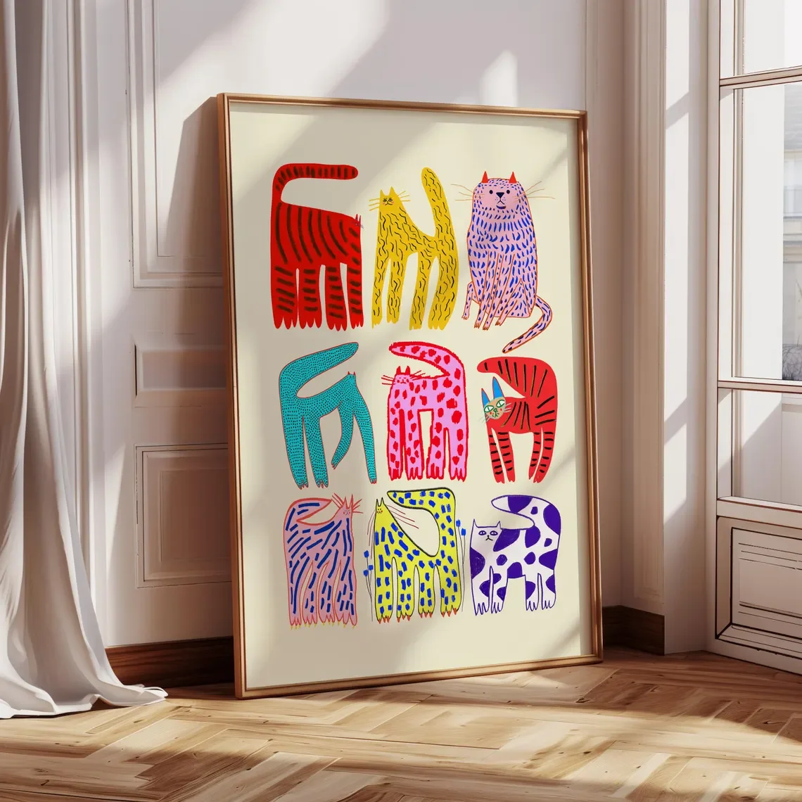 “Vibrant Abstract Cat Wall Art Print with Colorful Playful Feline Illustrations – Bold Multicolor Animal Decor in Sleek Gold Fra