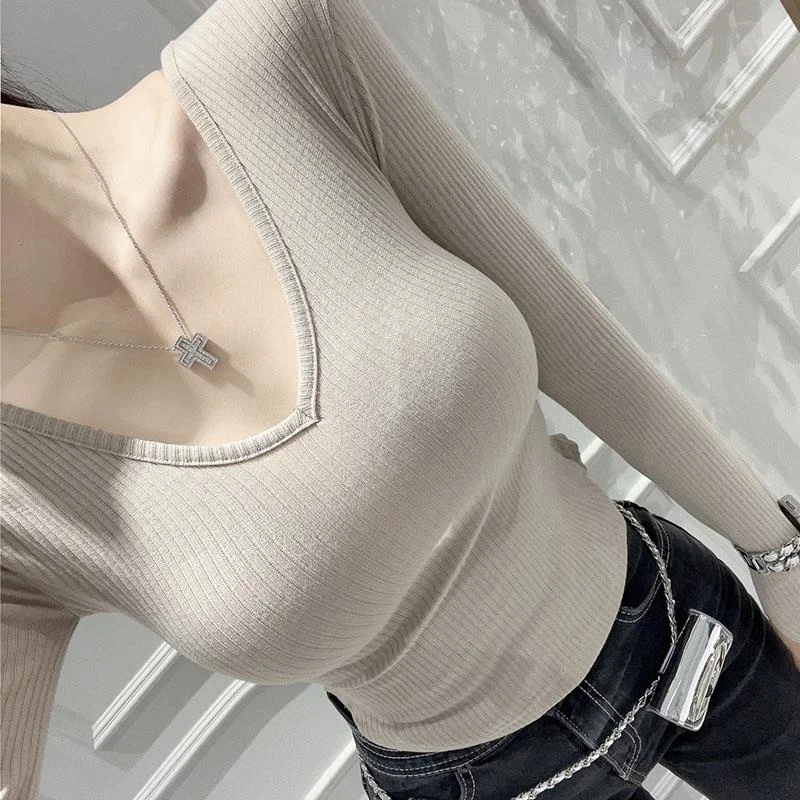 

Slim Fit Long Sleeve V Neck T Shirt MQ583 Small Women Elegant Sexy Ribbed Tight Body T-Shirt Commute Style Classic Color