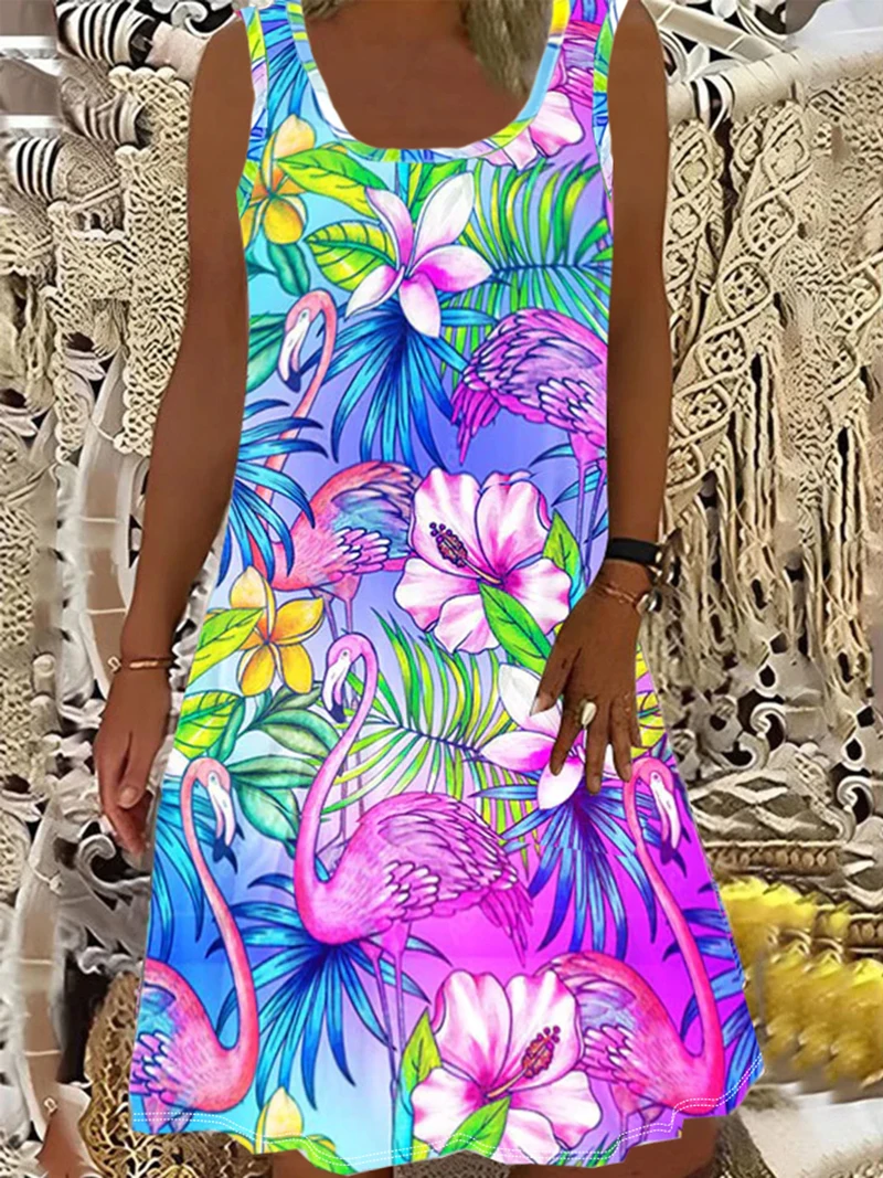 

Plus size women's fashion flamingo print sleeveless vest dress for holiday casual travel