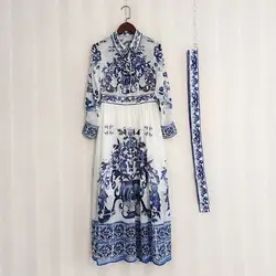 JAMERARY Runway floral print Beaded Crystal Long Sleeve Maxi Shirt Dress Women Blue White Porcelain Faux Silk Chiffon Vestidos