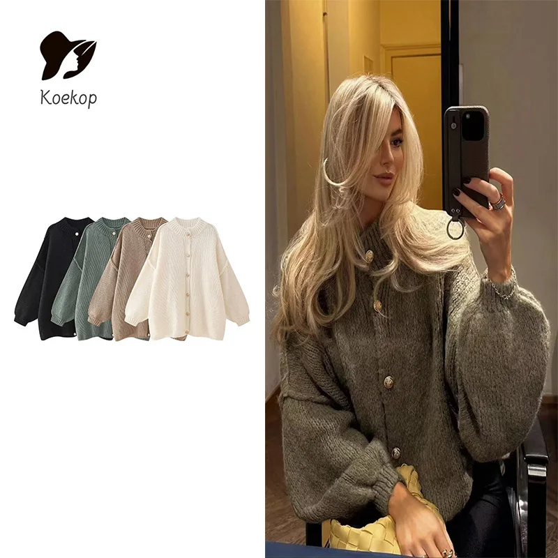 Koekop Women\'s Fashion Solid Color Metal Button Decoration Sweater Top Vintage Casual Knit Chic Lady Cardigan Sweater