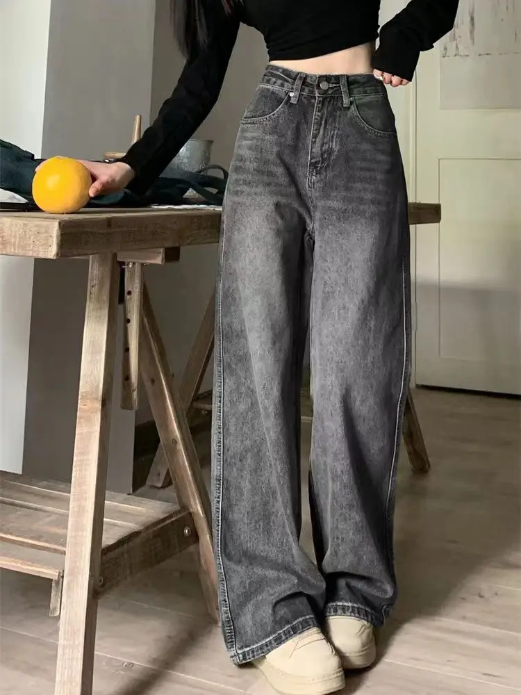 هوتشو خمر الجينز الجرونج Y2k 90s مستقيم واسعة الساق سراويل جينز عالية الخصر الإناث غسلها فضفاض الدنيم السراويل الشارع الشهير