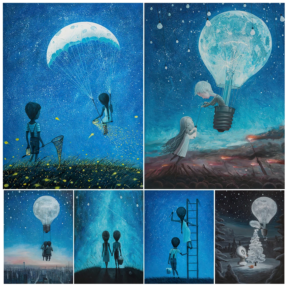 

Moon Ballooning&Paragliding Vintage Wall Art Canvas Painting Sweet Lovers Under A Dreamy Starry Sky Art Poster Print Home Decor