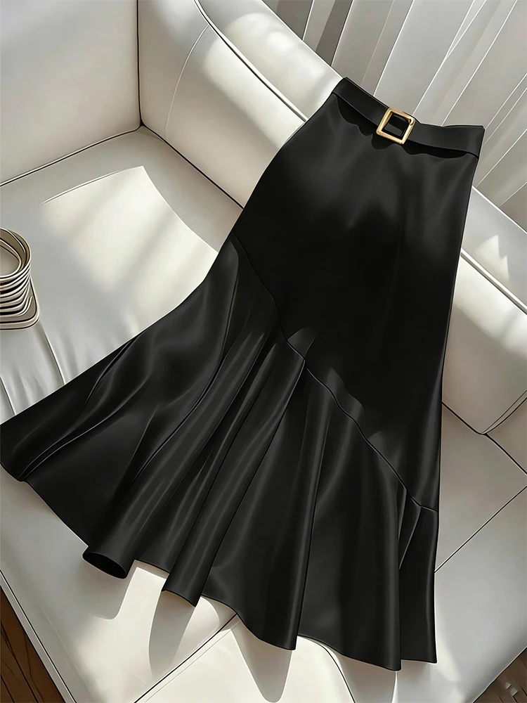 2025 New Women's Premium Design Elegant Satin A-line Half Skirt Pure Colour Belt Halter Skirt Dinner Party Dating