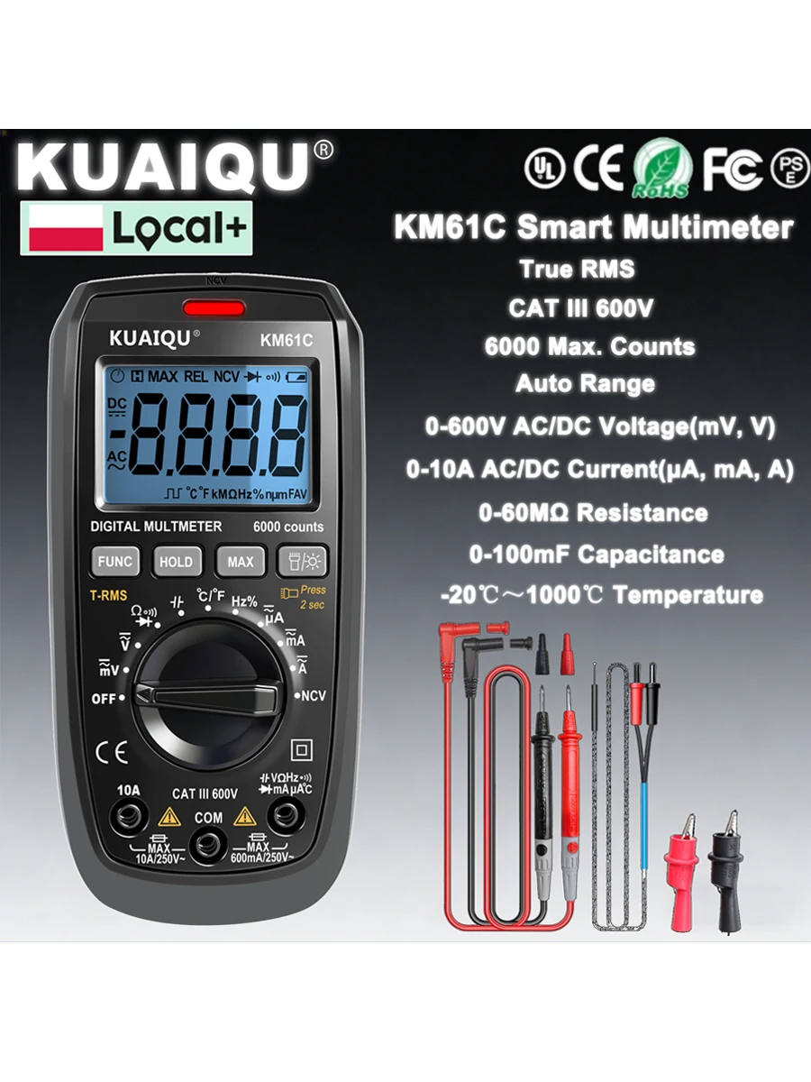 KUAIQU KM61C Digitales Multimeter 6000 Anzeigen Smart Professioneller Tester 600V 10A True RMS Auto-Range AC DC Ohm Hz Kapazität
