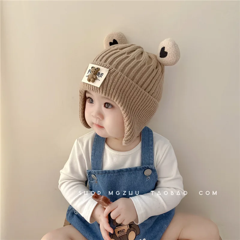 Baby hat autumn and winter cute cartoon ear protection knitted cap boys and girls thickened warm cold woolen cap