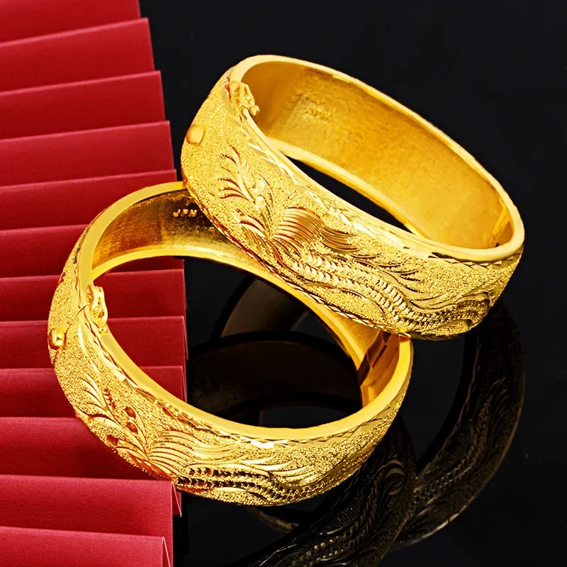 Luxury 14 K Yellow Gold Color Bracelet Bangle for Women 20mm Wide Dragon Phoenix Bracelet Bridal Wedding Engagment Fine Jewelry