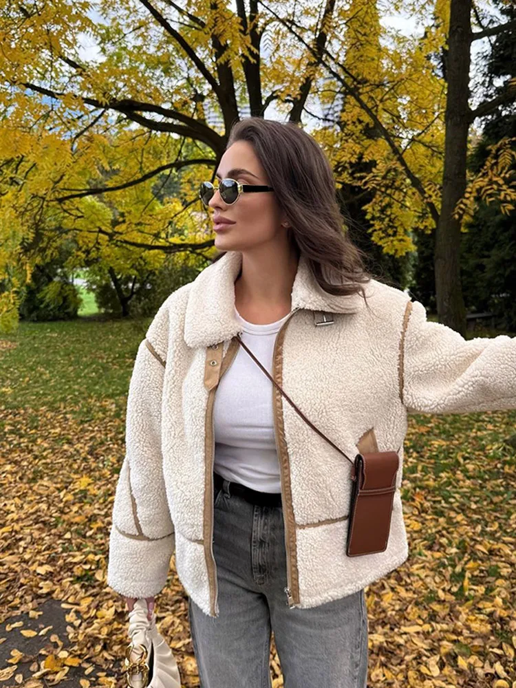 Abrigo corto informal cálido de piel sintética con contraste para mujer, chaqueta holgada con bolsillos y cremallera a la moda para mujer, ropa para ir al trabajo diario 2024