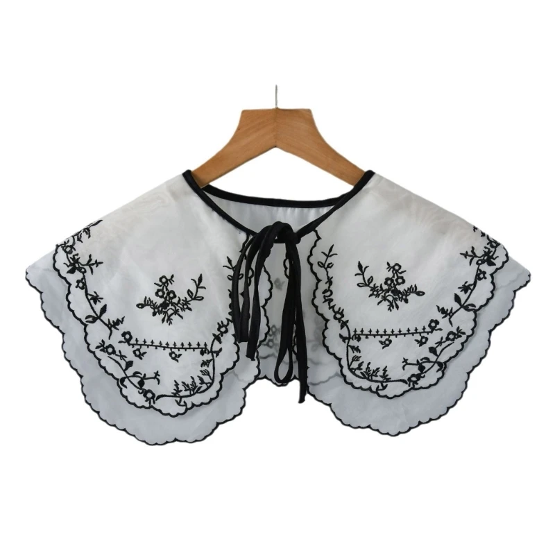 Scalloped Detachable Fake Collar Elegant Embroidery Floral Layered Capelet