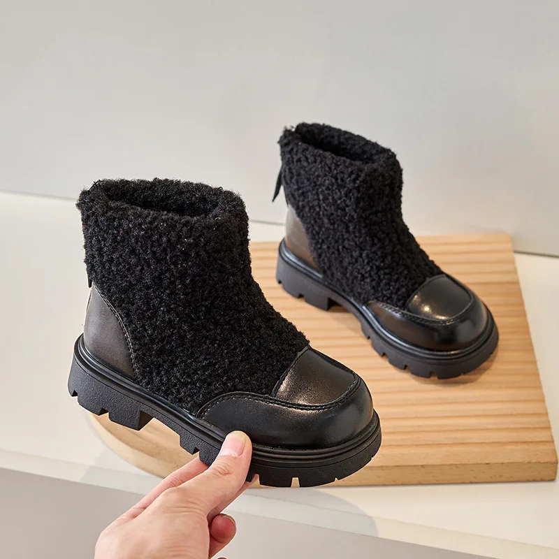 New Girls Boots Lamb PU Children Fashion Leather Short Boots Kids Casual Boots 2024 New Simple Non-slip Versatile Boys Boots PU