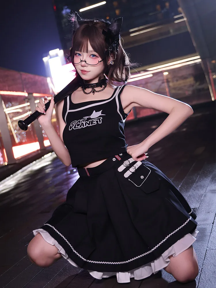 

Women's Harajuku Gothic 2 Piece Outfit Letter Print Crop Cami Top & Ruffled Pleated Mini Skirt Summer Lolita Set