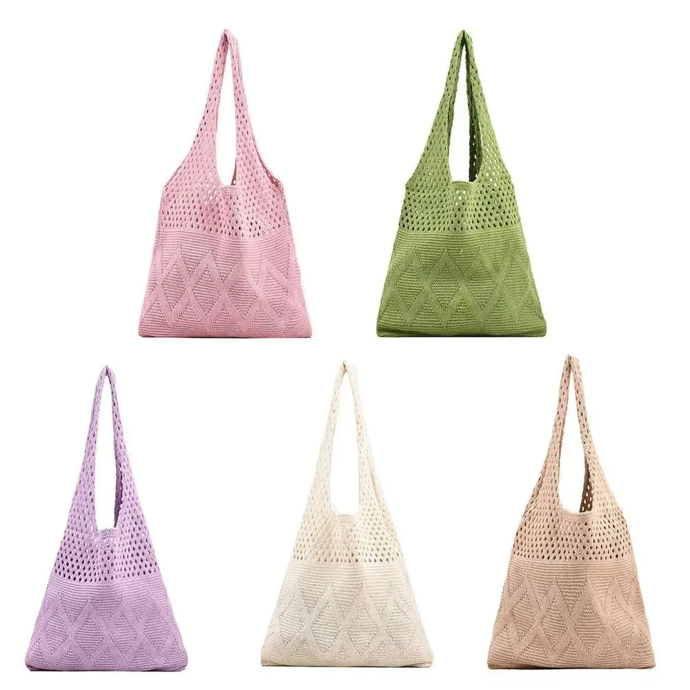

Artistic Design Solid Color Knitted Bag Hollow Woven Knitted Wool Shoulder Bag Crochet Design Embroidered Tote Bag Beach Tote