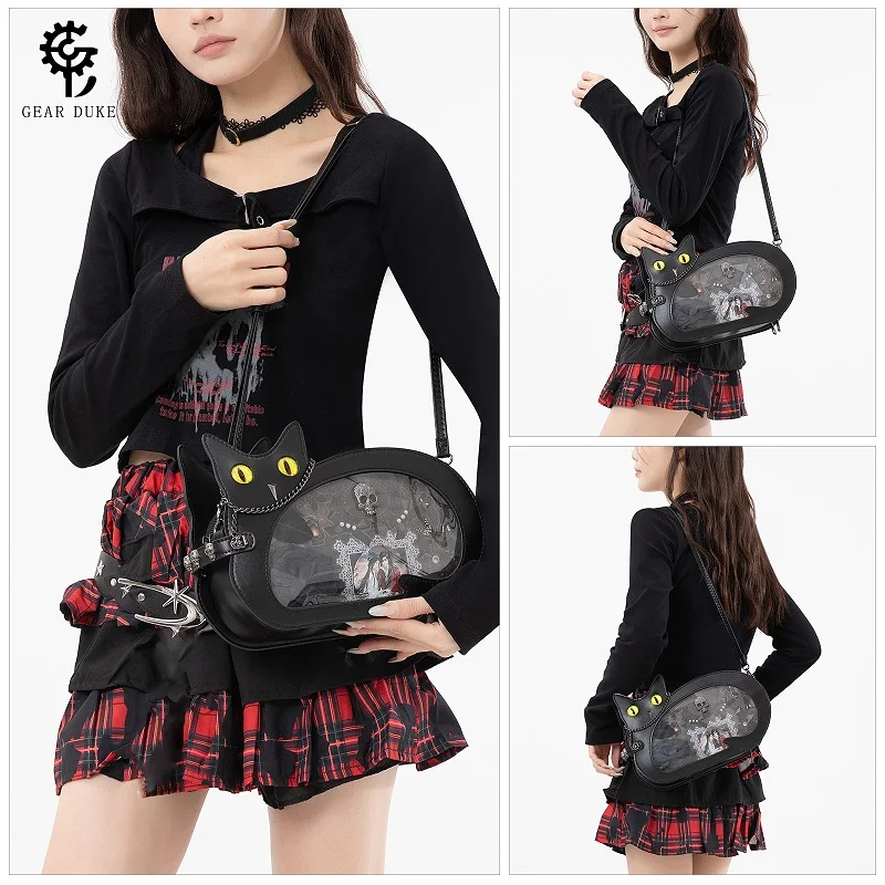 Shoulder Ita Bag Cat Shape Crossbody Clear Window Display for Anime Enamel Pins Badge Collection Gothic Lolita Women's Handbag