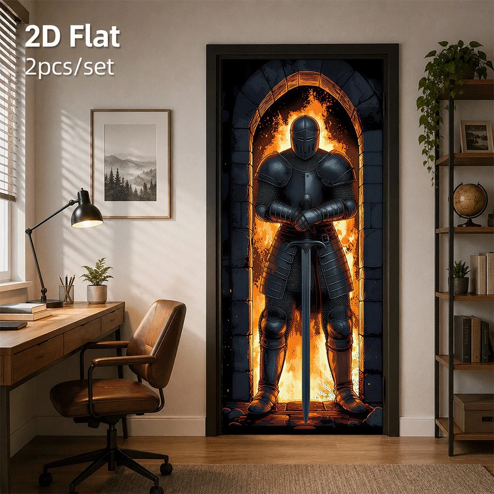 1 medieval dark knight door sticker, antique style flame armor, warrior decoration sticker, 2D flat