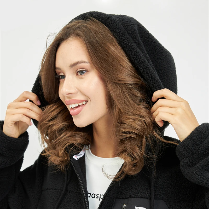 Baasploa Fleece Jackets Women Winter Warm Casual Zipper Hooded Sweatshirts Female Fashion Solid Color Long Sleeve Hoodies