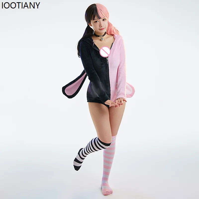 Halloween Anime Cartoon Two-color Rabbit Cosplay Jumpsuit Women Sexy Bunny Girl Plush Pajamas Cute Soft Coral Fleece Hooded Suit