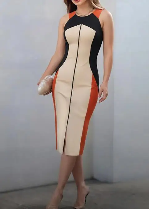 

Fashionable Contrasting Color Splicing Round Neck Sleeveless Hip Hugging Women's Dress with Zipper Front and Hip Hugging Dress