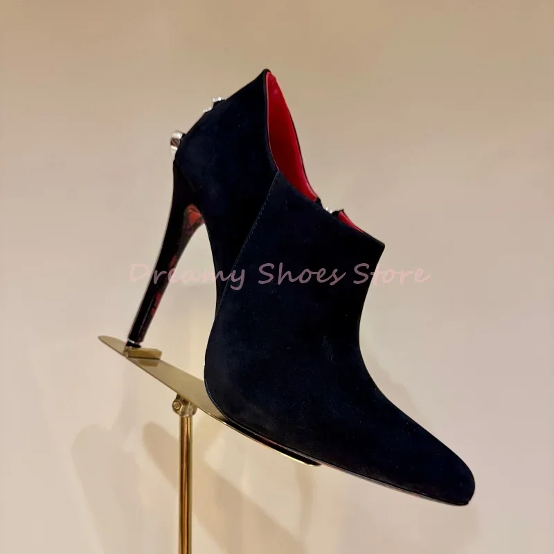

Black Suede Sword Shaped Stiletto Pumps Women Side Zipper Pointed Shallow Ankle Boots Luxury Fashion Party Banquet Ladies Shoes