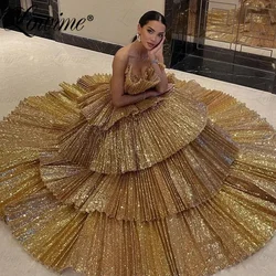 Gold Sparkly Sequined Celebrity Prom Dresses 2024 Strapless A Line Tiered Wedding Party Dress Long Arabic Evening Gowns Robes