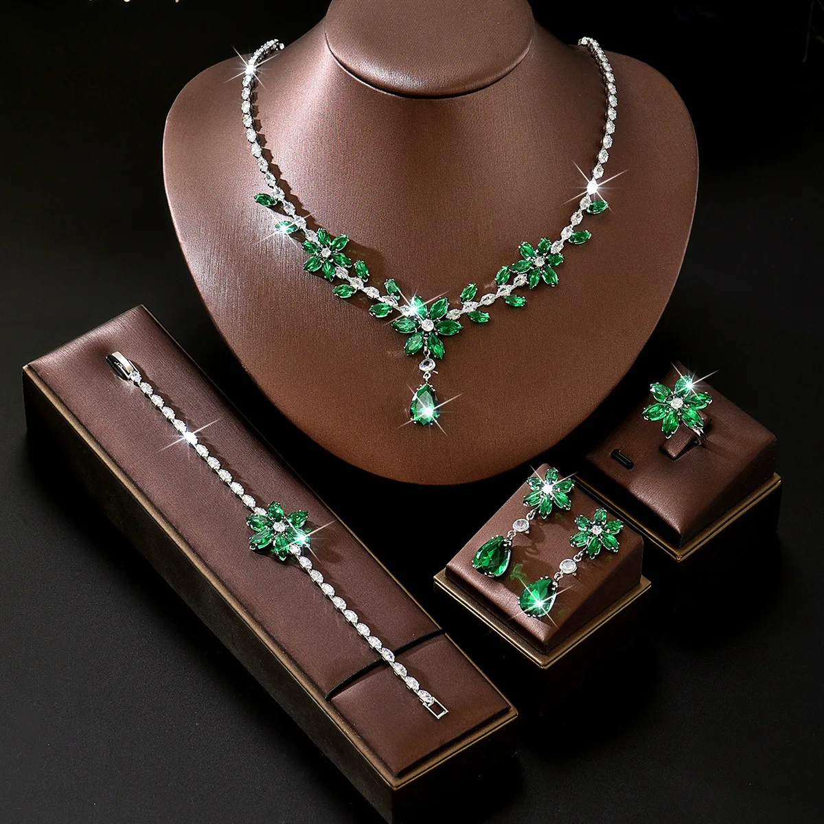 

SLBRIDAL Alloy Sparkling Rhinestones Crystal Zircon Bridal Jewelry Set Wedding CZ Necklace Earring BracelSet Women Party Jewelry