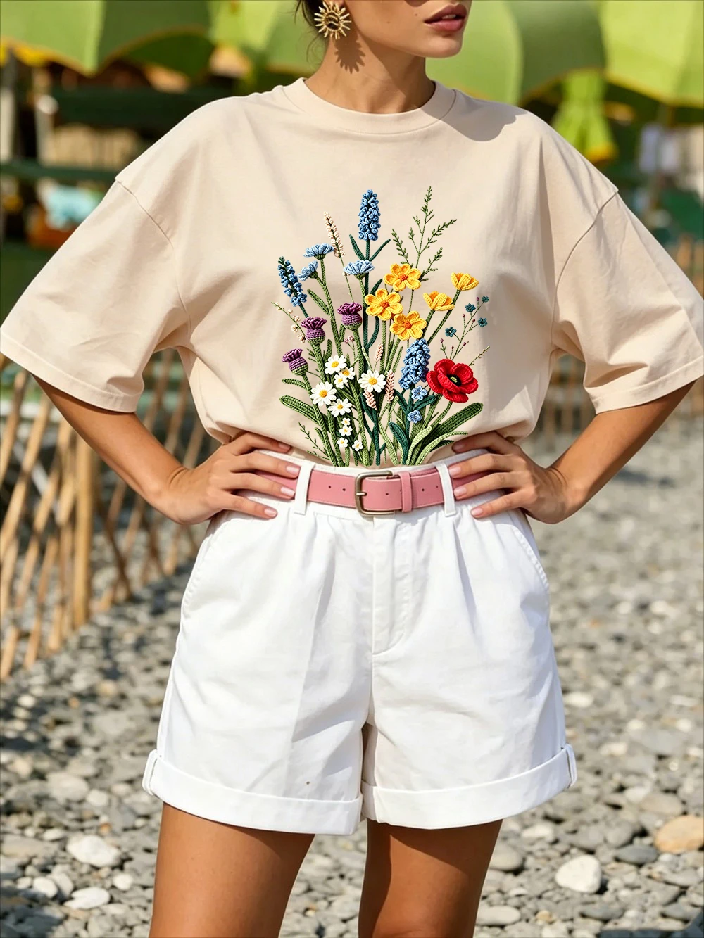 Crochet Wildflower Bouquet Prints Cotton T-Shirts Womens Summer Oversized Tops O-Neck Short Sleeve T Shirts Basic Woman Clothes