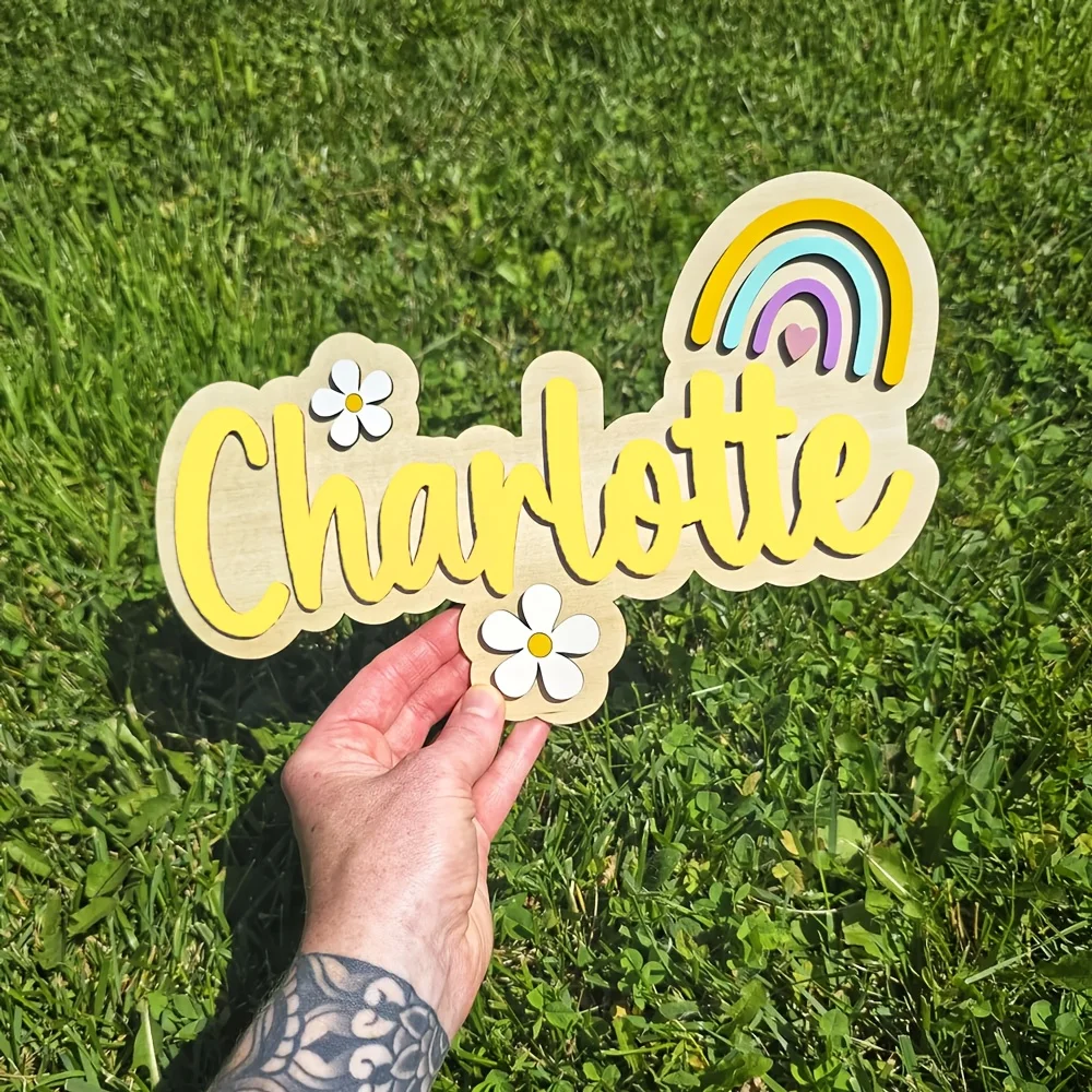 لافتة اسم خشبية مخصصة مع قوس قزح وزهور - لافتة باب "شارلوت" مخصصة، مثالية لغرف الأطفال أو الحضانات أو Ch