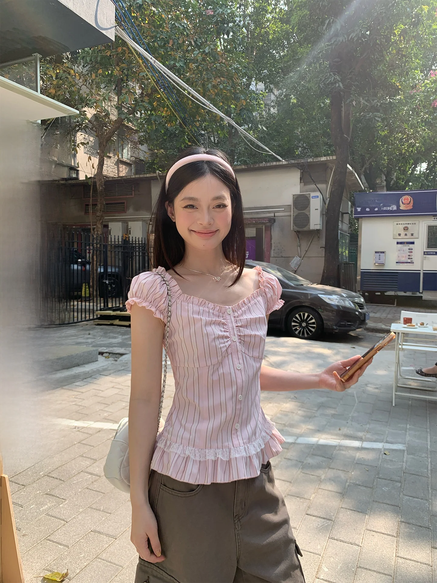 

Pink Short Sleeve Shirt Women's Summer One Shoulder Design Striped Slimming Good Looking Top Korean Style Commute Wind Shirt
