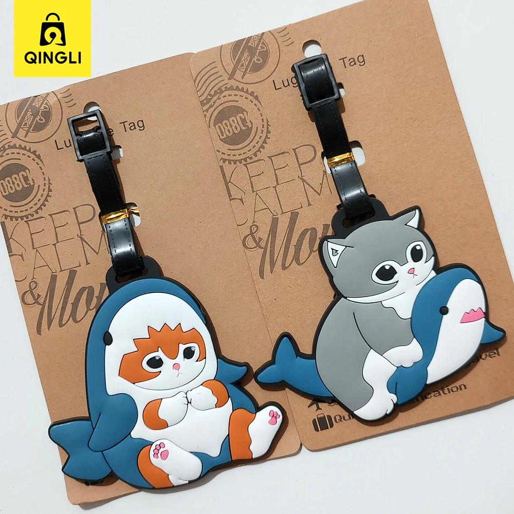 Nieuwe Leuke Haai Kat Bagagelabel Cartoon Anime PVC Bus Kaarthouder Cover Draagbare Reiskoffer Label Anti-verloren Adres kaart Tag