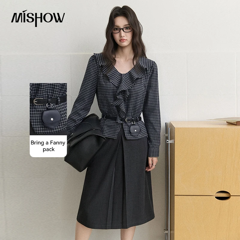 MISHOW Vintage Plaid Linen Blend Blouse 2026 Autumn V‑Neck Ruffle Trim Long‑Sleeve Slim Blouses with Mini Waist Bag MXF44X2801
