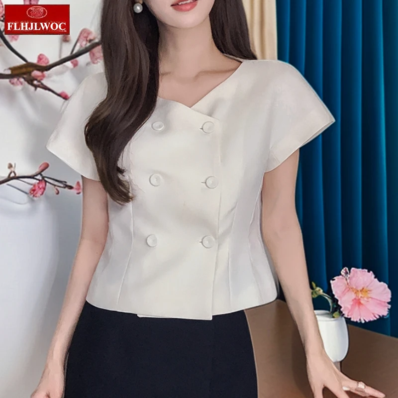 

Chic Korea Cute Tops Blouses New 2025 Summer Women Office Lady Short Sleeve Japan Girls Office Lady Double Button Short Shirts