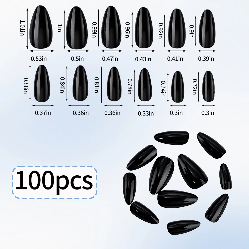 100pcs/Box Black Almond Press On Nails Medium Length Glossy Solid Color Fake Nails Water Drop Shaped Halloween Dark Style Nails*