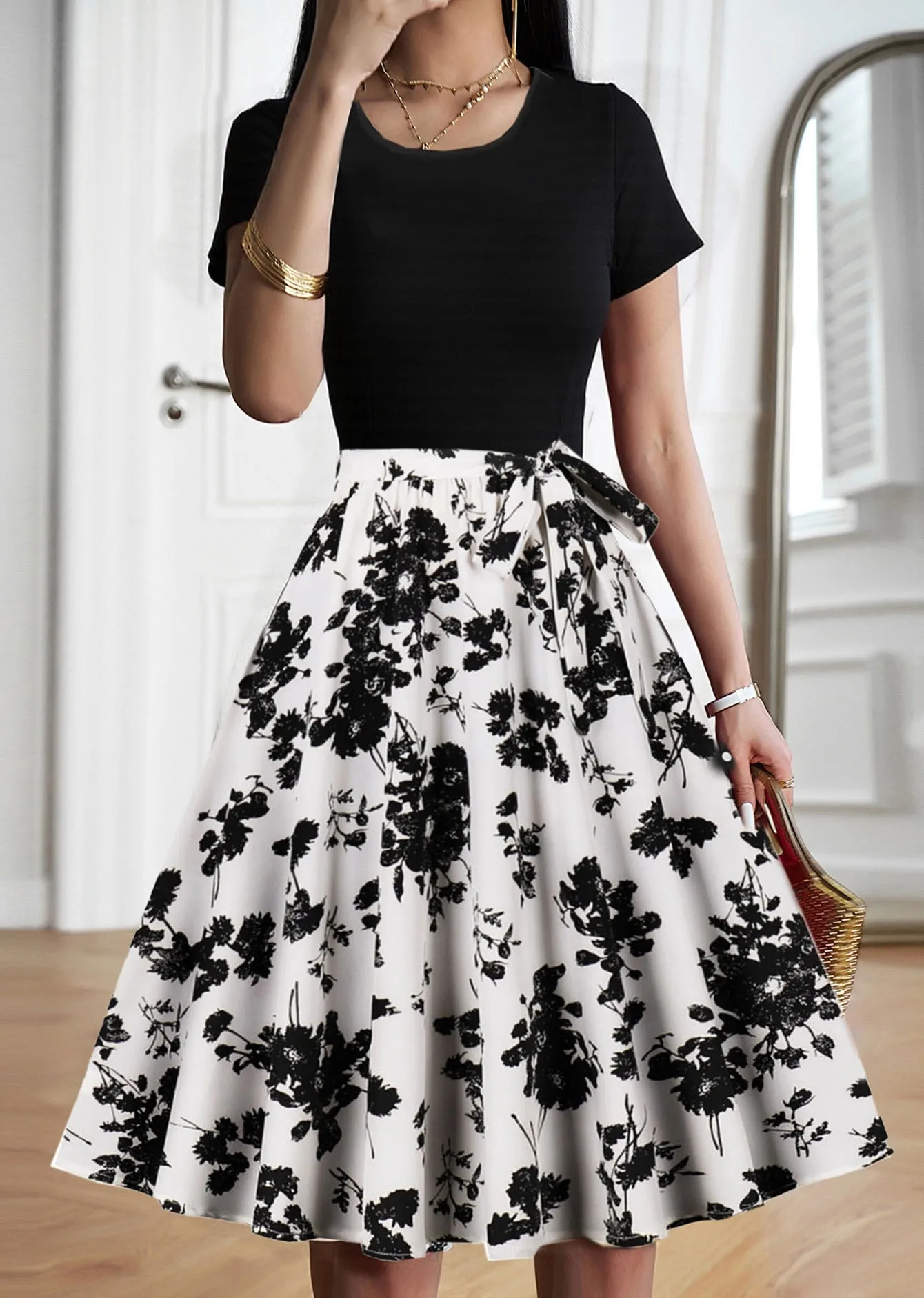 Elegantes Vintage-Patchwork-Maxikleid für Damen, lässig, Sommer, kurzärmelig, langes Kleid, Kleidung im böhmischen Stil