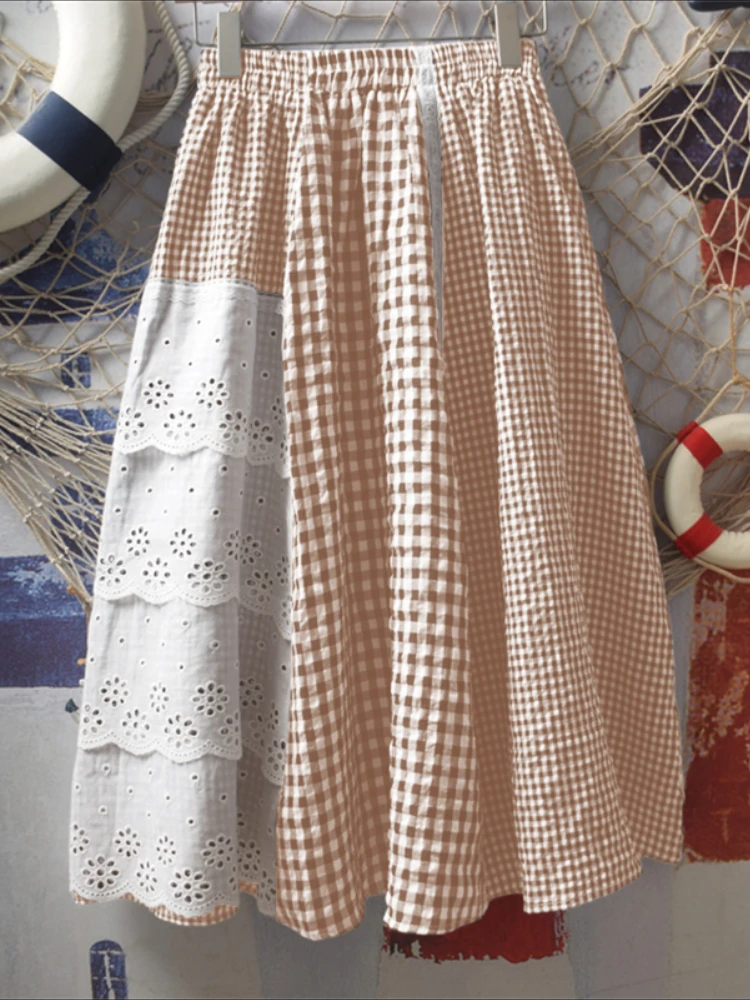 ZANZEA bohème Plaid Jupes femmes longues Maxi Jupes 2025 mode dentelle Patchwork décontracté fête taille élastique Jupes Faldas Saia