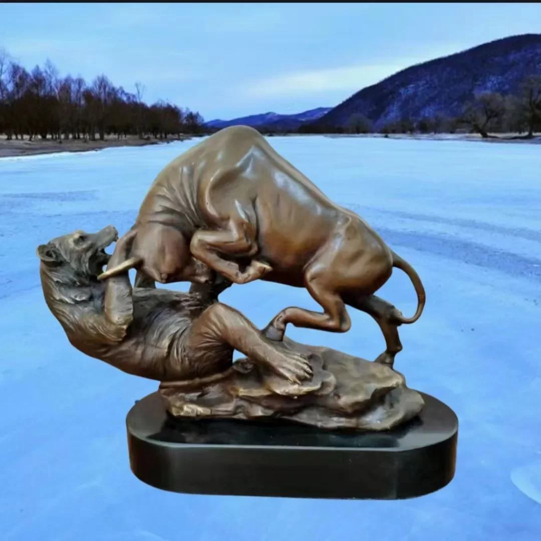 Creative Wall Street Charging Bull and Bear Fighting Statue Bronze Sculpture Stock Market Animal Figurine Art Decor for Office D
