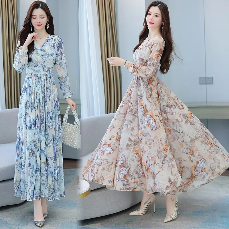 

V-neck Elegance Medium Long Chiffon A-line Dress Spring and Summer Print Dress Women Casual Temperament Long Sleeve Women Dress