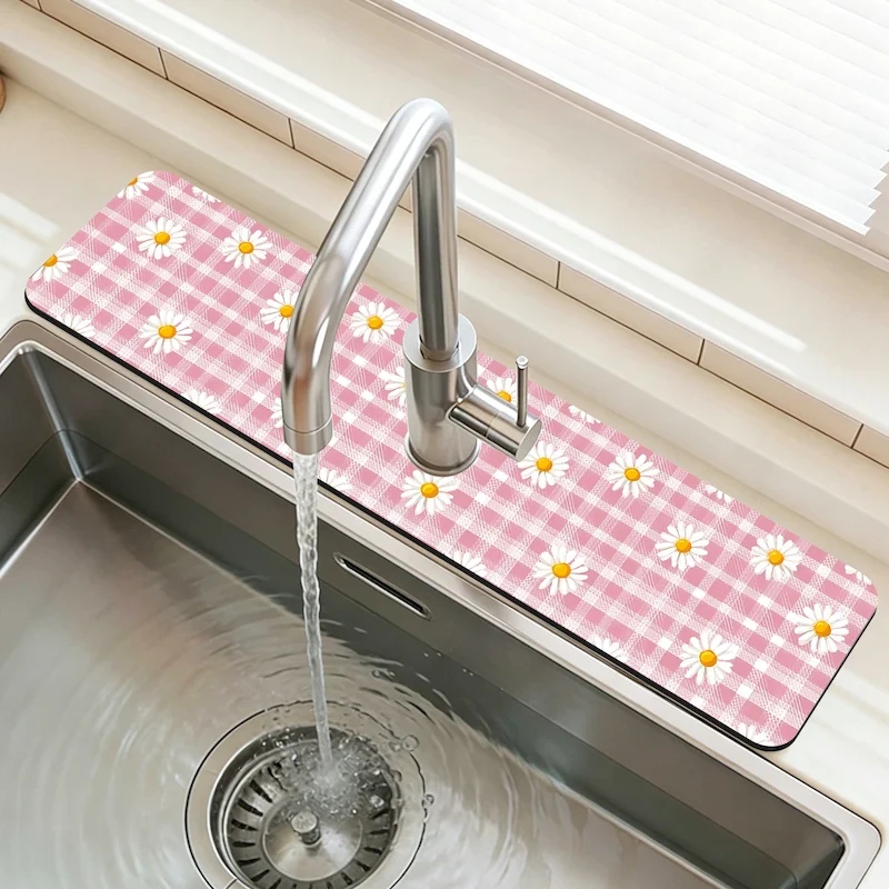 VIKAMA Fresh Pink Grid Daisy Printed Faucet Pad, Kitchen Absorbent Anti Slip Pad, Minimalist Faucet Pad, Home Decoration