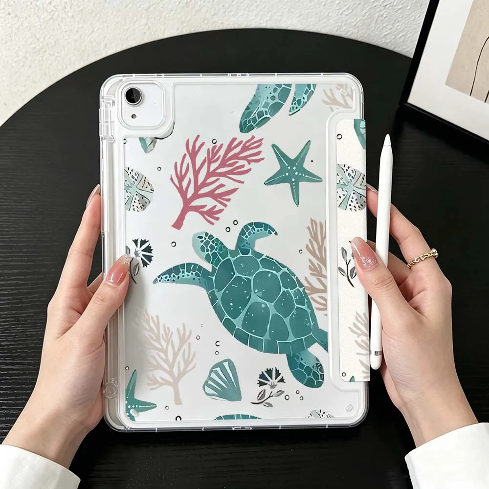 Cartoon Sea Turtle Shells Case For iPad Mini Pro Air 5 6 7 8 9 10th 11th 11 9.7 10.9 13 inch Transparent Y-Shaped Folding Tablet