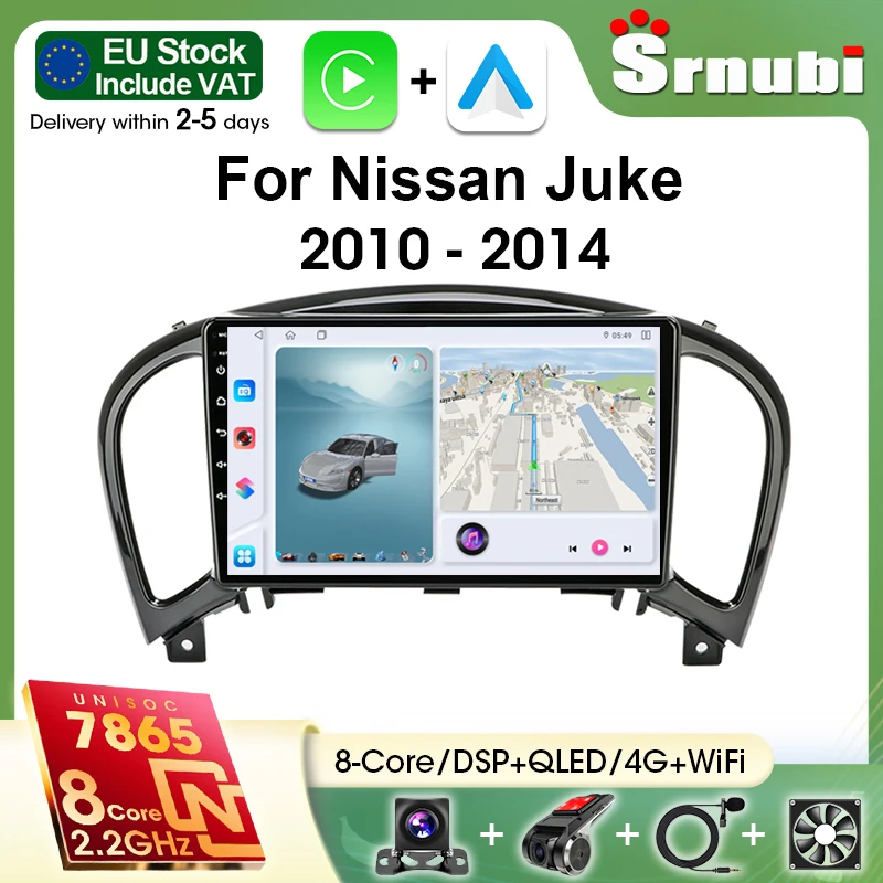 Srnubi pour Nissan Juke YF15 2010 2011 2012 2013 2014 Autoradio Android 14 Lecteur multimédia 2Din Carplay Android auto avec cadre, ventilateur de refroidissement, navigation GPS, Bluetooth