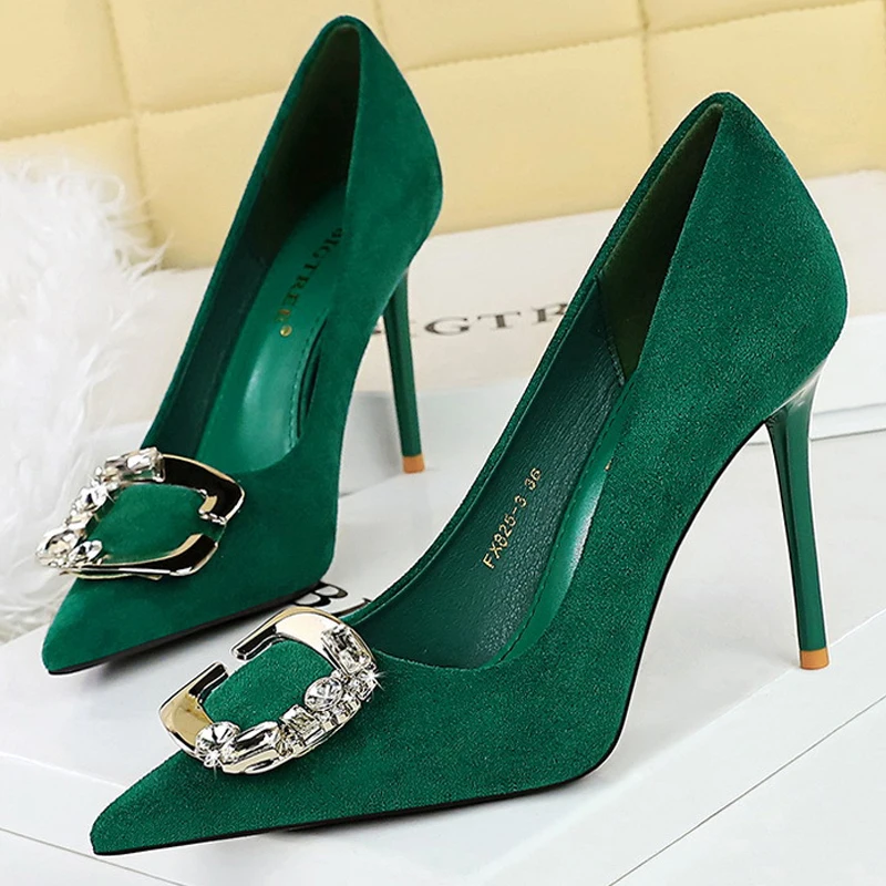 BIGTREE Shoes Metal Rhinestone Belt Buckle Women Pumps Suede High Heels Luxury Banquet Shoes Sexy Party Shoes Women Stilettos